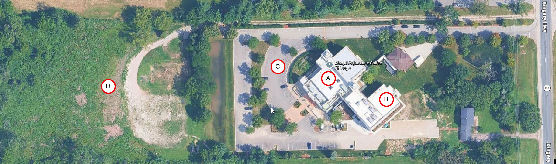 Satellite view of the masjid complex with labelled areas A, B, C, D